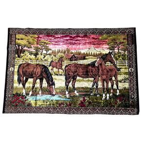 Large VTG 1970s Horse Tapestry Landscape Equestrian Farm Stable Made in Lebanon